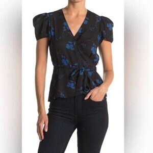 Parker Puff Sleeve Floral Print Wrap Top in Black and Blue, Size S